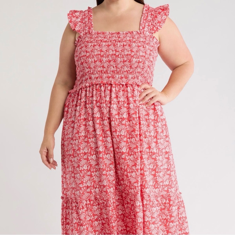 Max Studio Smocked Floral Midi‎ Dress Square Neck Ruffle Strap Red 1X NWT